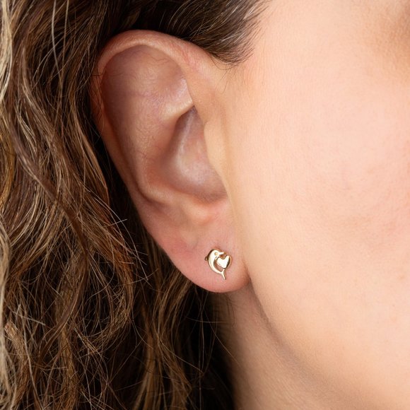 14K Solid Yellow Gold Dolphin Heart Stud Earrings